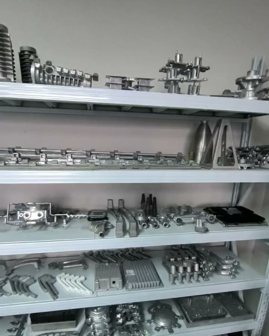 Shelves displaying die-cast component samples